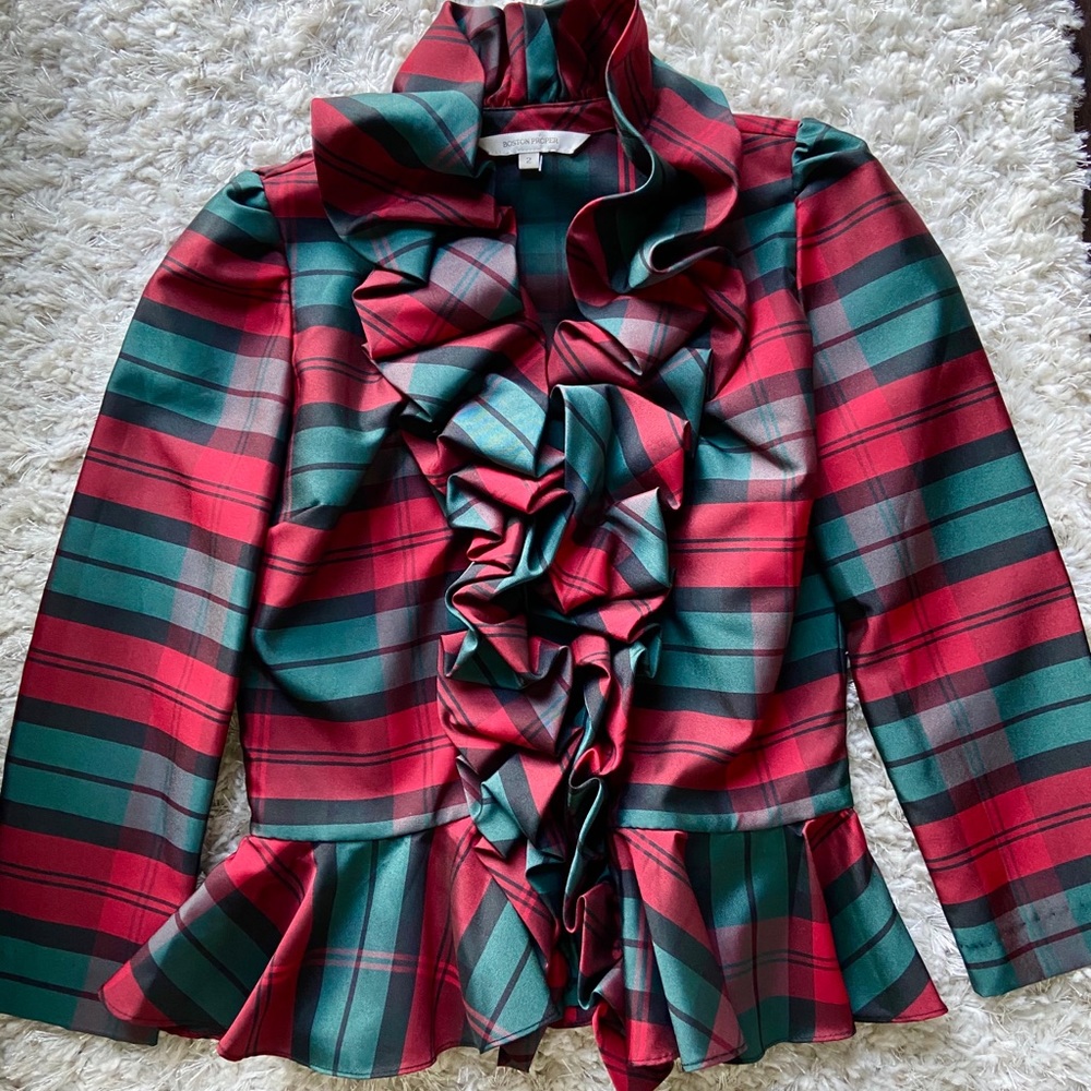 Boston Proper Plaid Ruffle Shirt